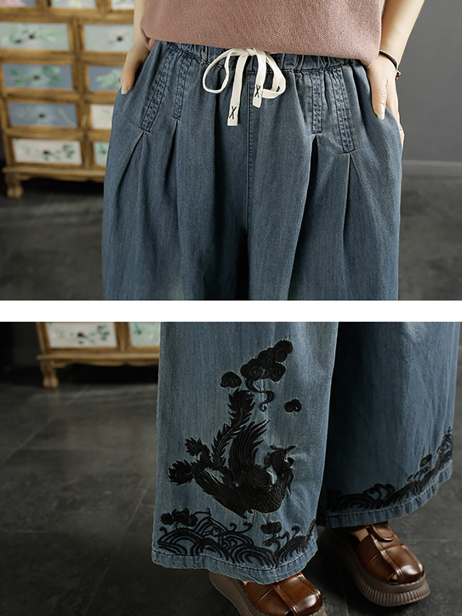 Women Ethnic Phoenix Embroidery Wide-leg Denim Pants KL1009 Ada Fashion