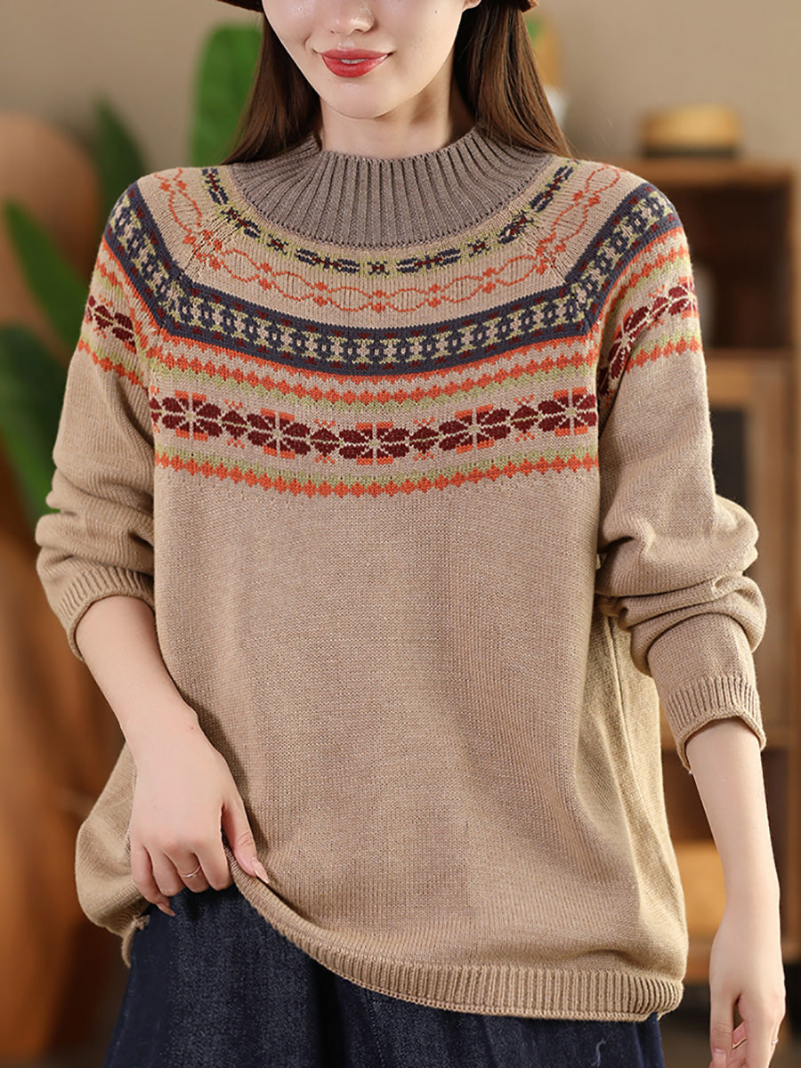 Women Vintage Autumn Jacquard Half Turtleneck Sweater AI1005 BUYKUD