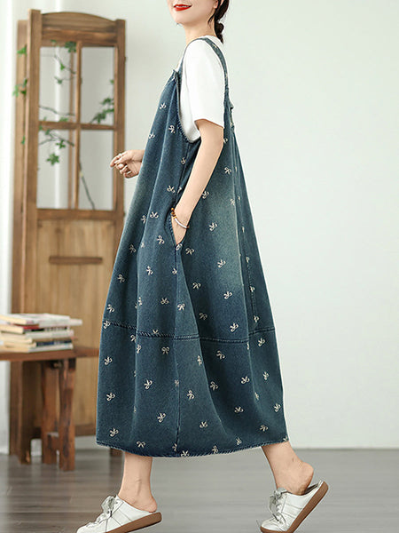Dress Overall Denim Bowknot Women Summer Embroidery FashionChic