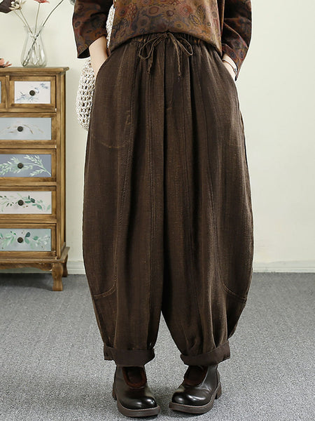 Women Autumn Vintage Solid Pocket Linen Harem Pants AV1031 Genistyle Shop