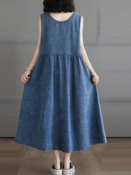 Women Casual Summer Denim A-Shape Loose Vest Dress FD054 BUYKUD