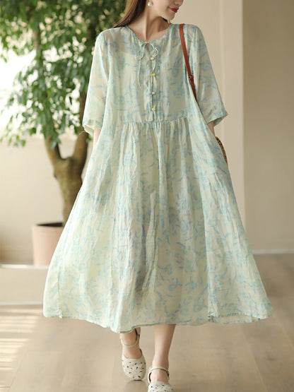 Women Summer Artsy Floral O-Neck Ramie Dress FD015 BUYKUD