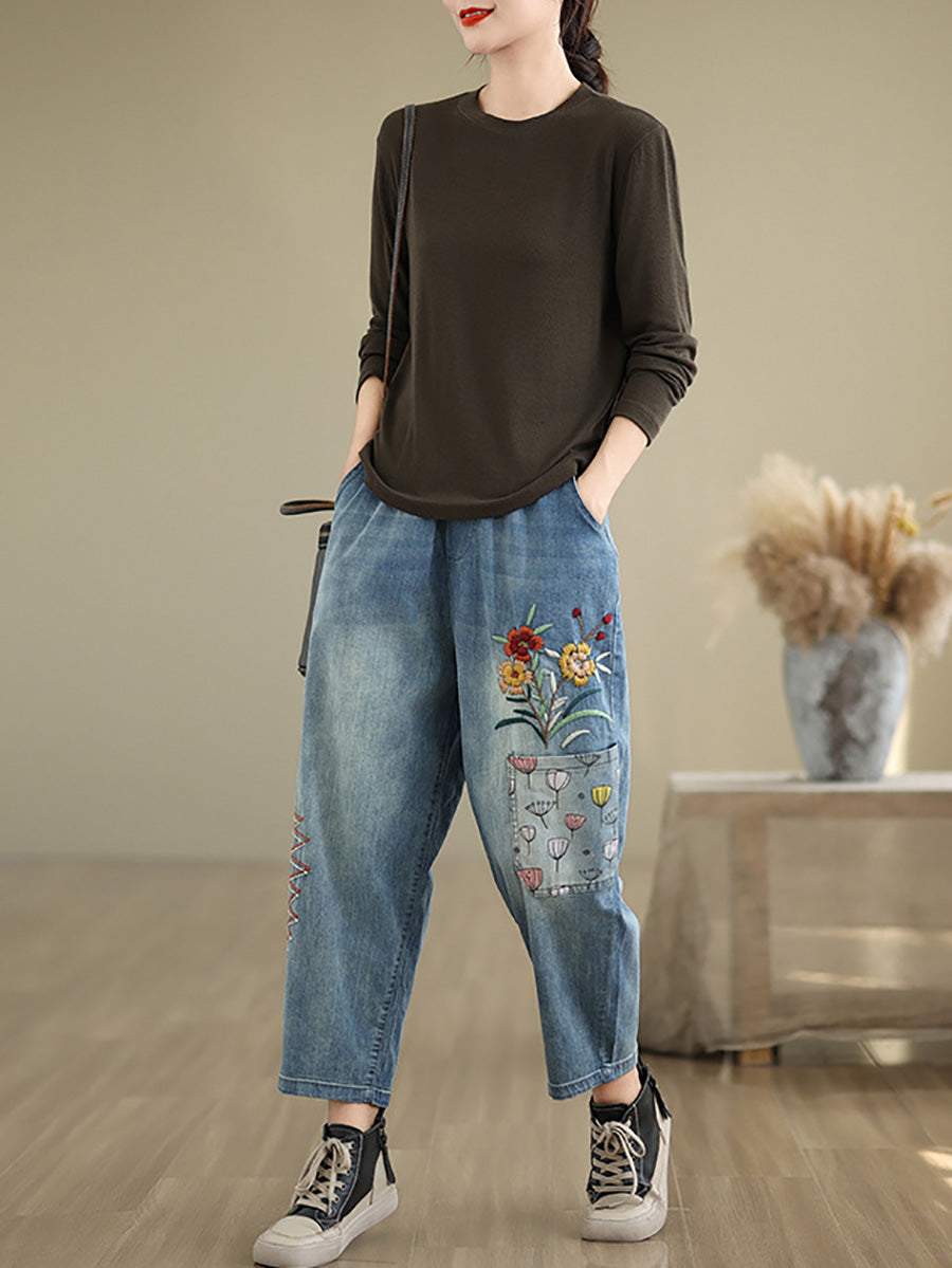 Women Autumn Artsy Flower Embroidery Denim Harem Pants AI1074 ZMFS