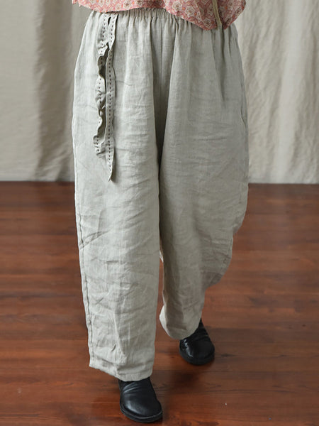 Women Casual Solid Drawstring Loose Linen Turnip Pants CX045 QYMM