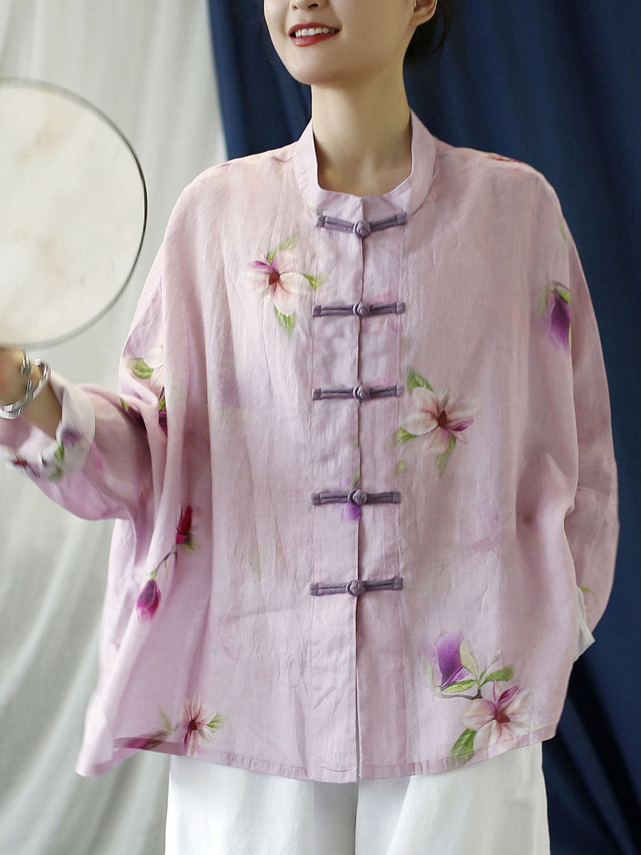 Plus Size Women Vintage Flower Pink Spring Ramie Shirt Coat PP1051 JSHY