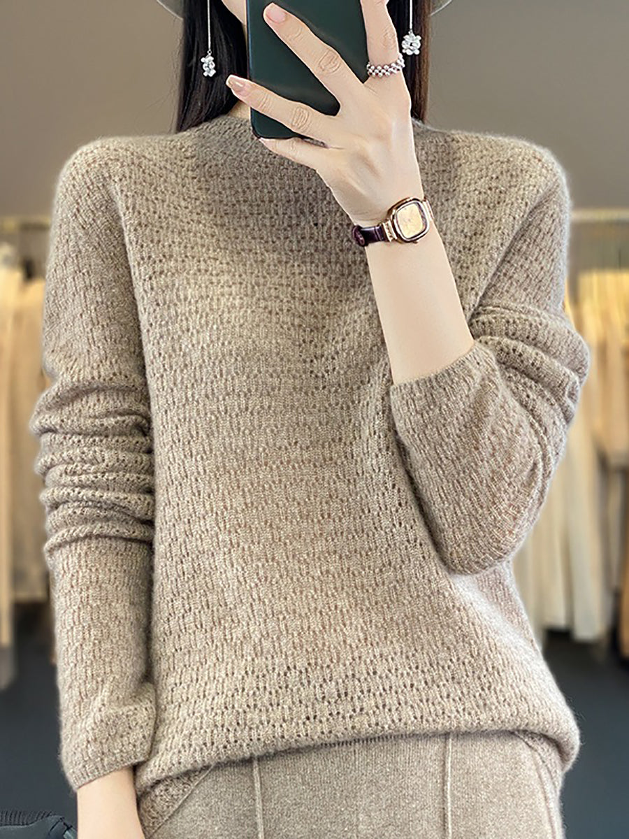 Women Autumn Casual Solid Knit 100%Wool O-Neck Sweater WU010 BK