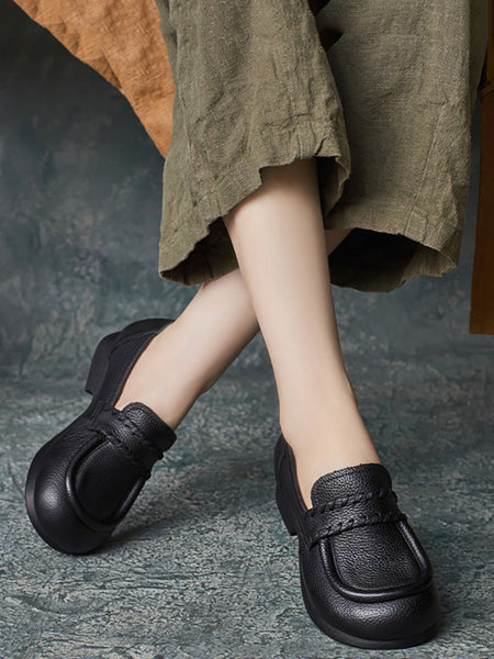 Women Vintage Genuine Solid Leather Low Heel Shoes BA1055 Genistyle Shop