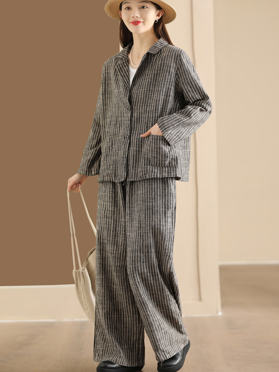 Plus Size Women Vintage Stripe Spring Linen Shirt+Pants II1057 BK