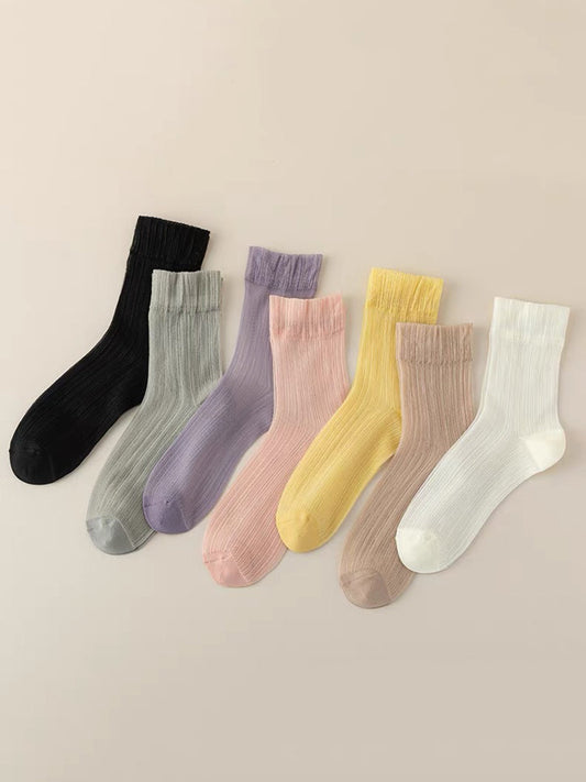 7 Pairs Women Summer Solid Thin Socks II1016 BUYKUD