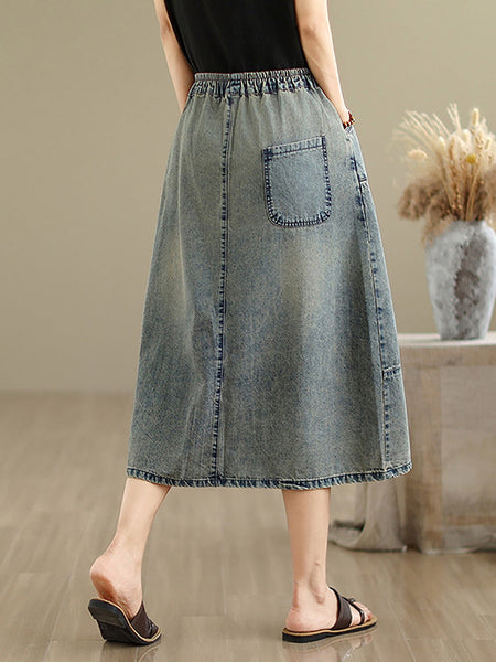 Denim Women Artsy Spring Flower Embroidery Skirt FashionChic