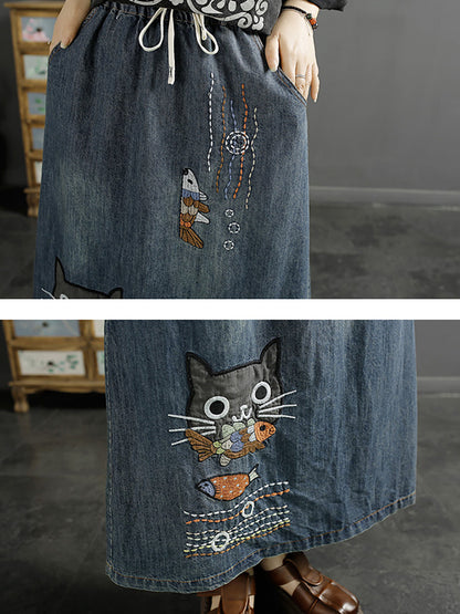 Women Summer Casual Cat Fish Embroidery Denim Skirt KL1008 Ada Fashion