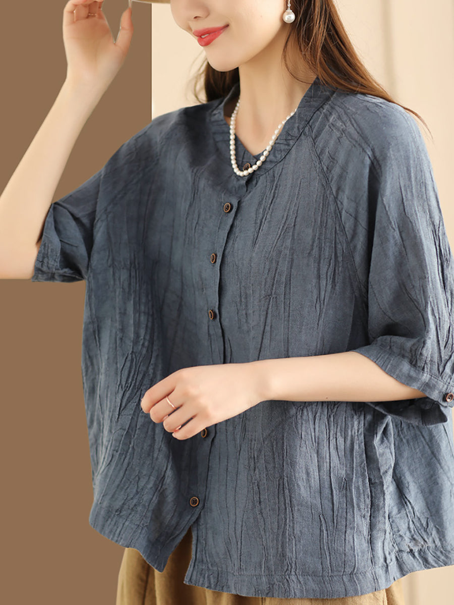 Women Summer Retro Solid Linen Button-up Shirt XX1012 Ada Fashion