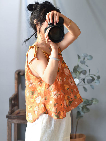 Women Prairie Chic Floral Drawstring Ramie Vest HH001 QYMM