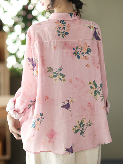 Women Vintage Floral Spring Button Up Ramie Blouse AT1089 BUYKUD