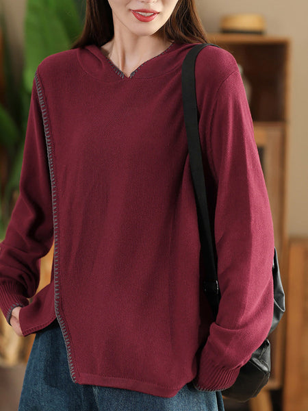 Women Autumn Casual Split Hem Knit Hooded Blouse AI1066 ZMMM