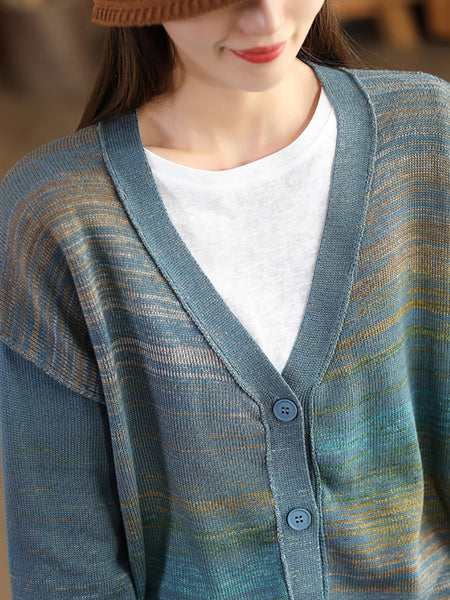 Women Autumn Artsy Colorful Knit V-Neck Cardigan Sweater AI1077 BUYKUD