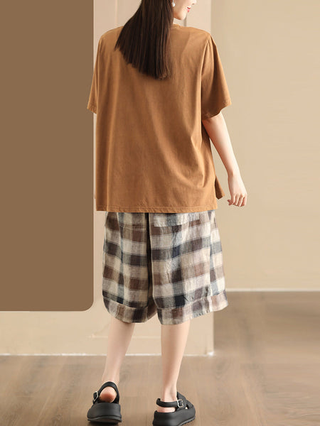 Women Summer Casual Plaid Linen Wide-leg Pants PP1028 BUYKUD