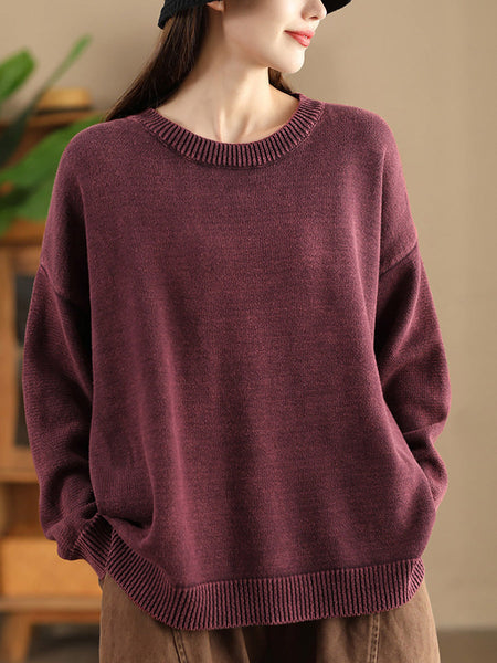 Women Autumn Casual O-Neck Pure Color Knit Sweater AK1028 Genistyle Shop