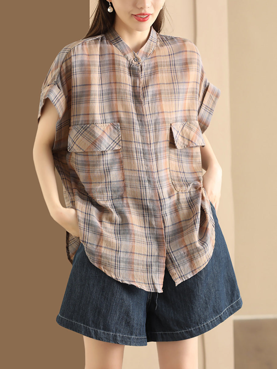 Women Summer Vintage Plaid Button-up Shirt PP1037 XLM