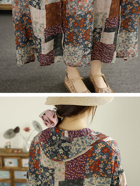 Women Summer Vintage Shirred V-Neck Ramie Loose Dress LL037 BUYKUD