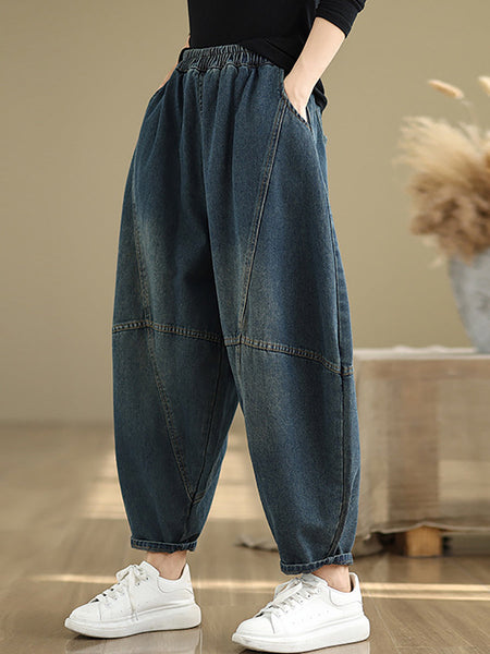 Women Autumn Vintage Denim Spliced Harem Pants QU027 ZMFS