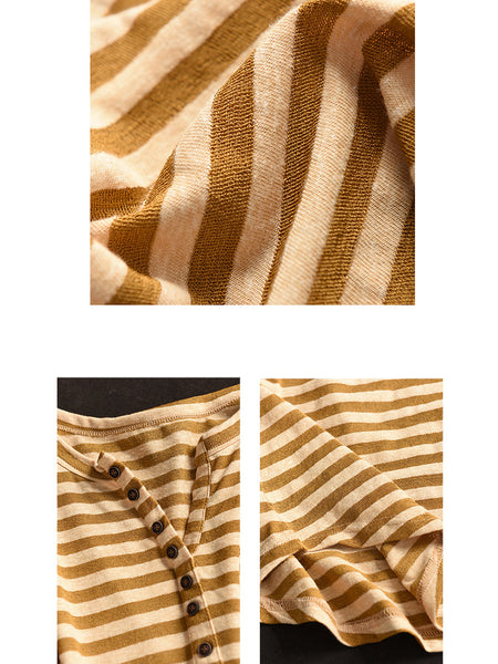 Women Sumer Casual Stripe V-Neck Button Shirt II1019 BUYKUD