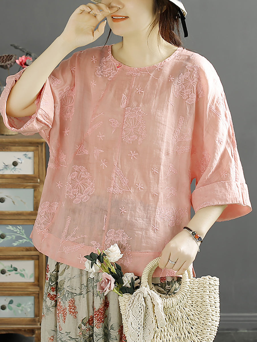 Women Vintage Embroidery Solid Ramie Shirt AA1012 Ada Fashion