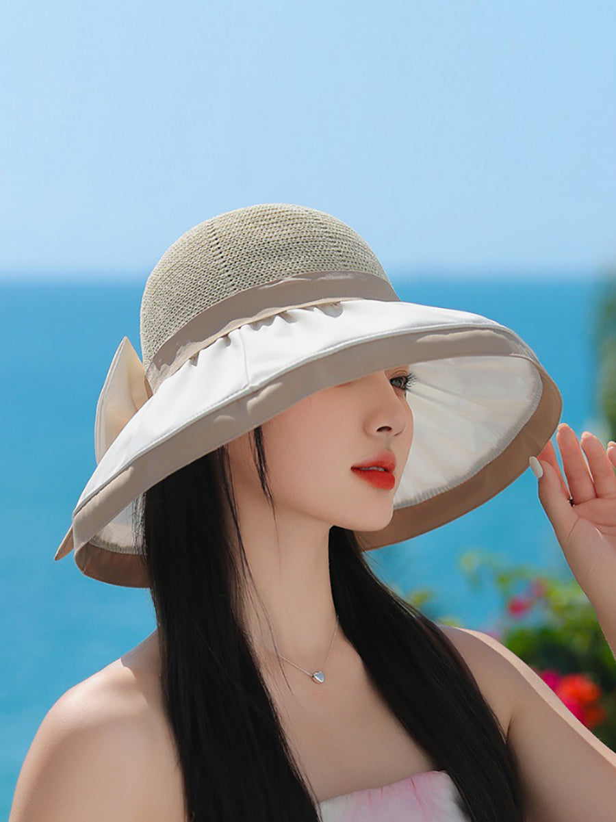 Women Summer Colorblock Large Brim Bowknot Hat WE1003 Ada Fashion