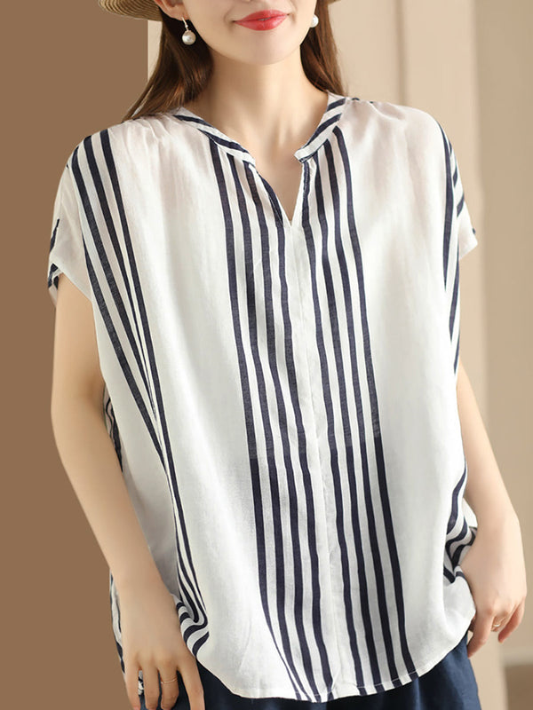 Women Summer Artsy Stripe V-Neck Thin Linen Shirt CV1053 Ada Fashion