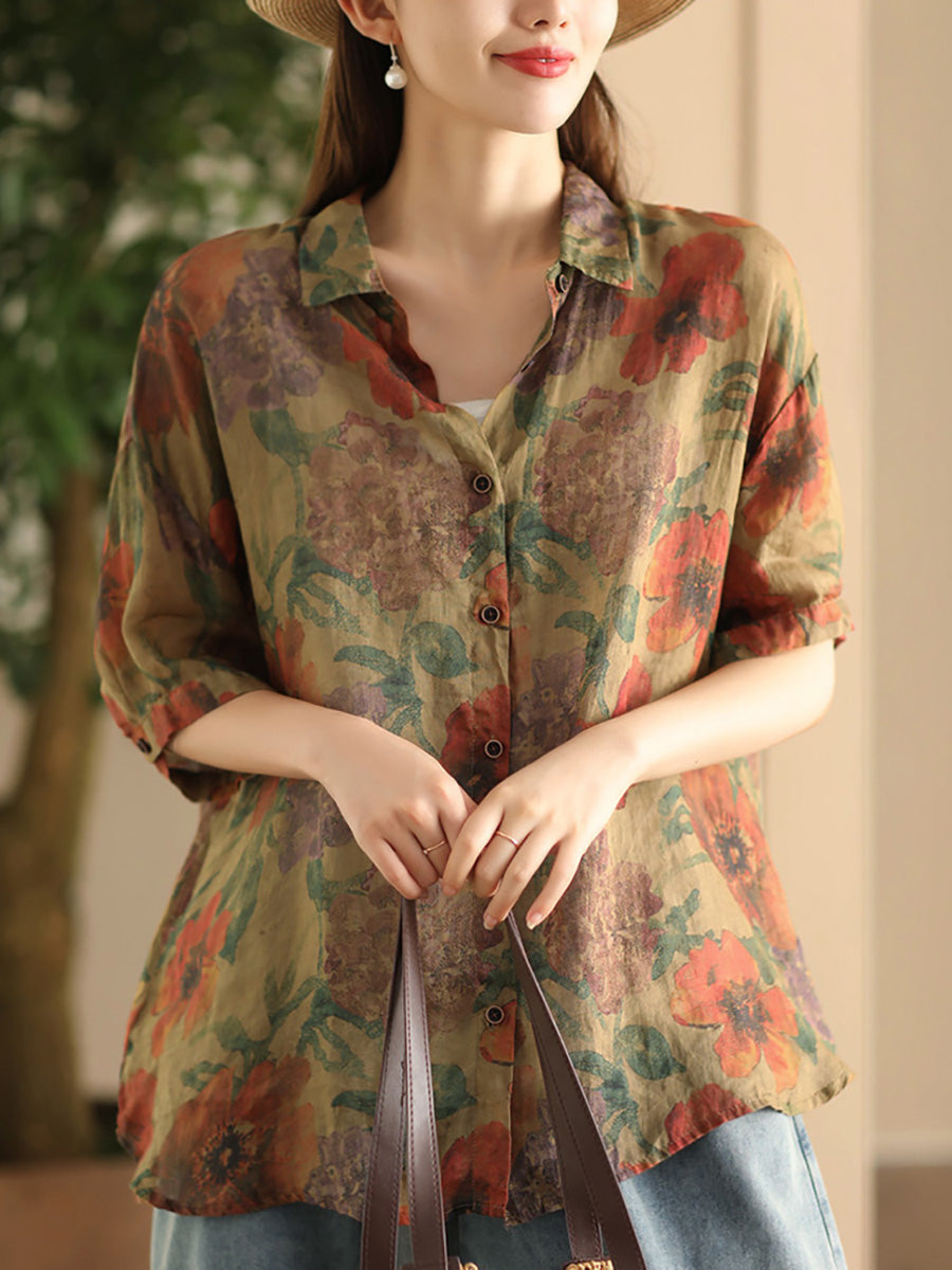 Women Summer Vintage Flower Patch Spliced Ramie Shirt FD039 BUYKUD