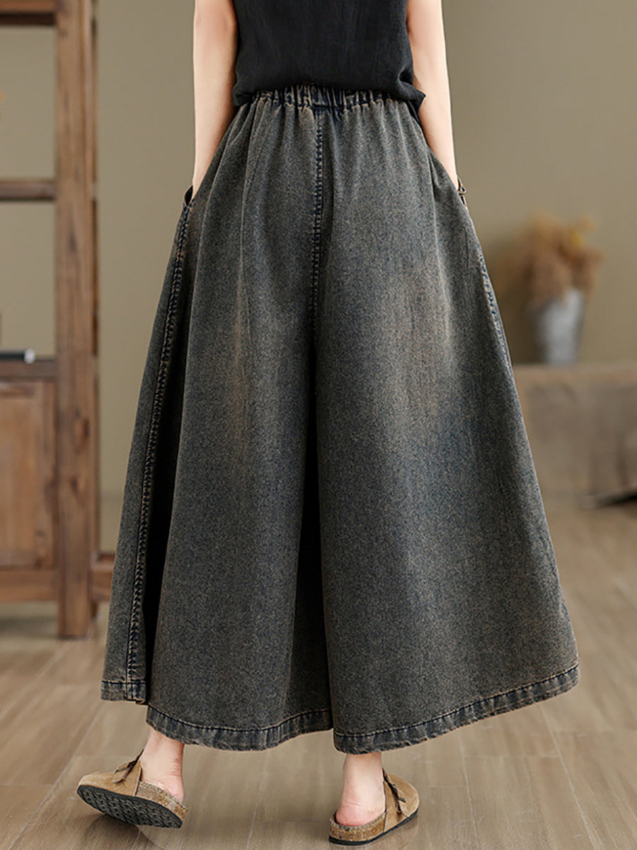 Women Summer Vintage Flower Denim Wide-leg Pants OP1010 BUYKUD