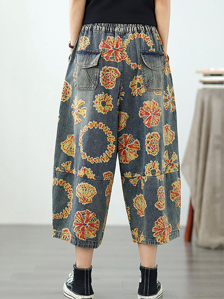 Women Straight Pants Retro Capri Flower Denim FashionChic