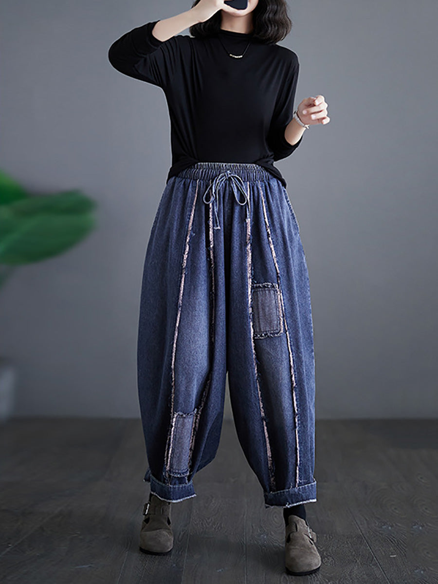 Women Summer Vintage Denim Patch Spliced Harem Pants FD031 ZMFS