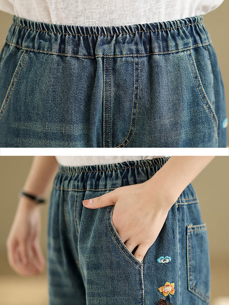 Pants Embroidery Women Wide-leg Retro Denim FashionChic