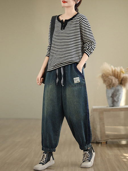 Women Casual Pockets Washed Denim Harem Pants AT1003 ZMFS