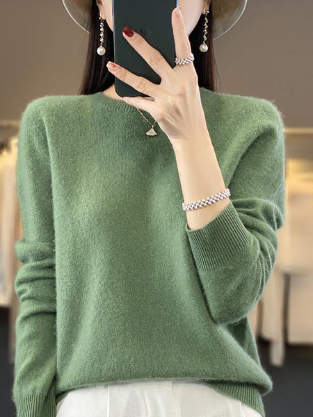 Women Autumn Solid Knit 100%Wool O-Neck Sweater WU023 BK