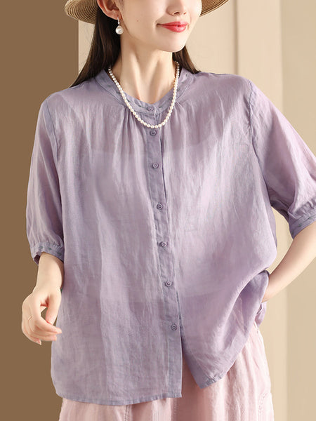 Women Summer O-Neck Embroidery Button-up Ramie Shirt PP1035 BUYKUD