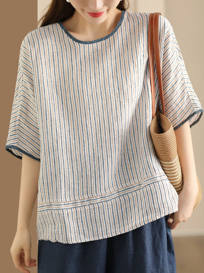 Women Summer Vintage Stripe Spliced Linen Shirt BN1040 Ada Fashion