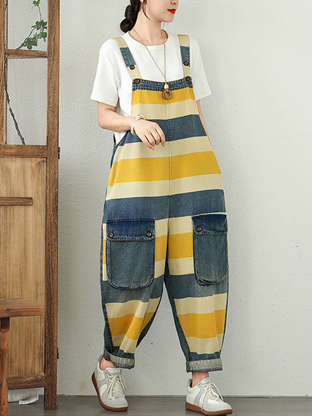 Summer Colorblock Women Loose Denim Stripe Jumpsuits FashionChic