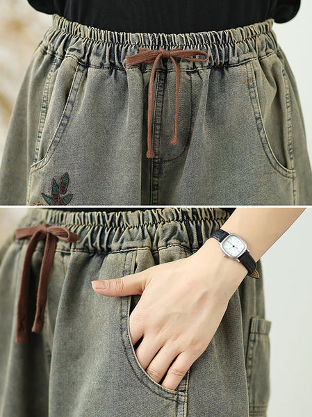 Straight Embroidery Women Denim Fifth Pants Flower Retro FashionChic