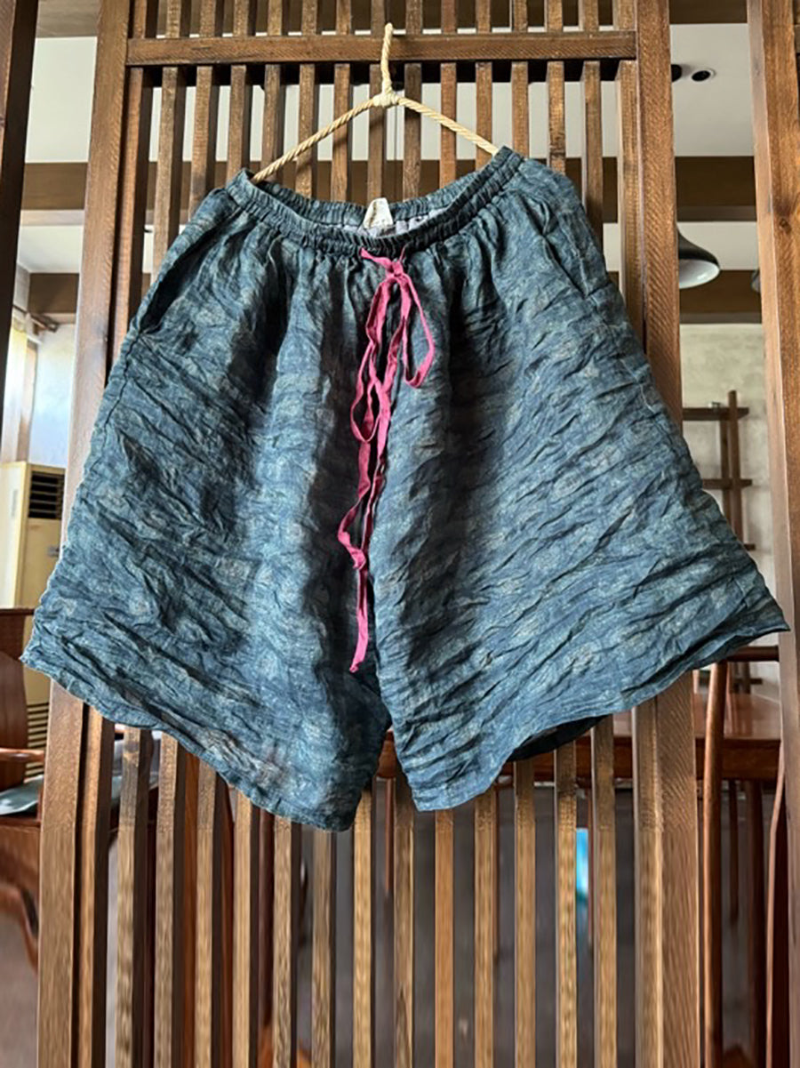 Women Summer Vintage Flower Loose Ramie Shorts RR1024 BUYKUD