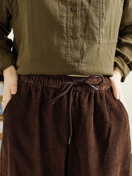 Women Autumn Solid Corduroy Spliced Cotton Harem Pants AI1047 BK