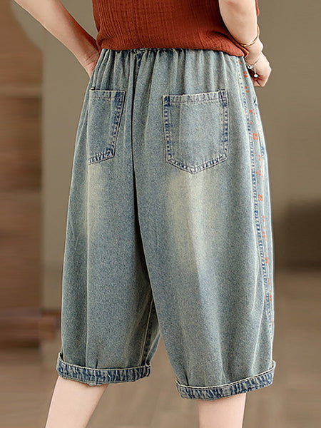 Women Summer Spliced Washed Denim Knee Length Pants OP1039 BUYKUD