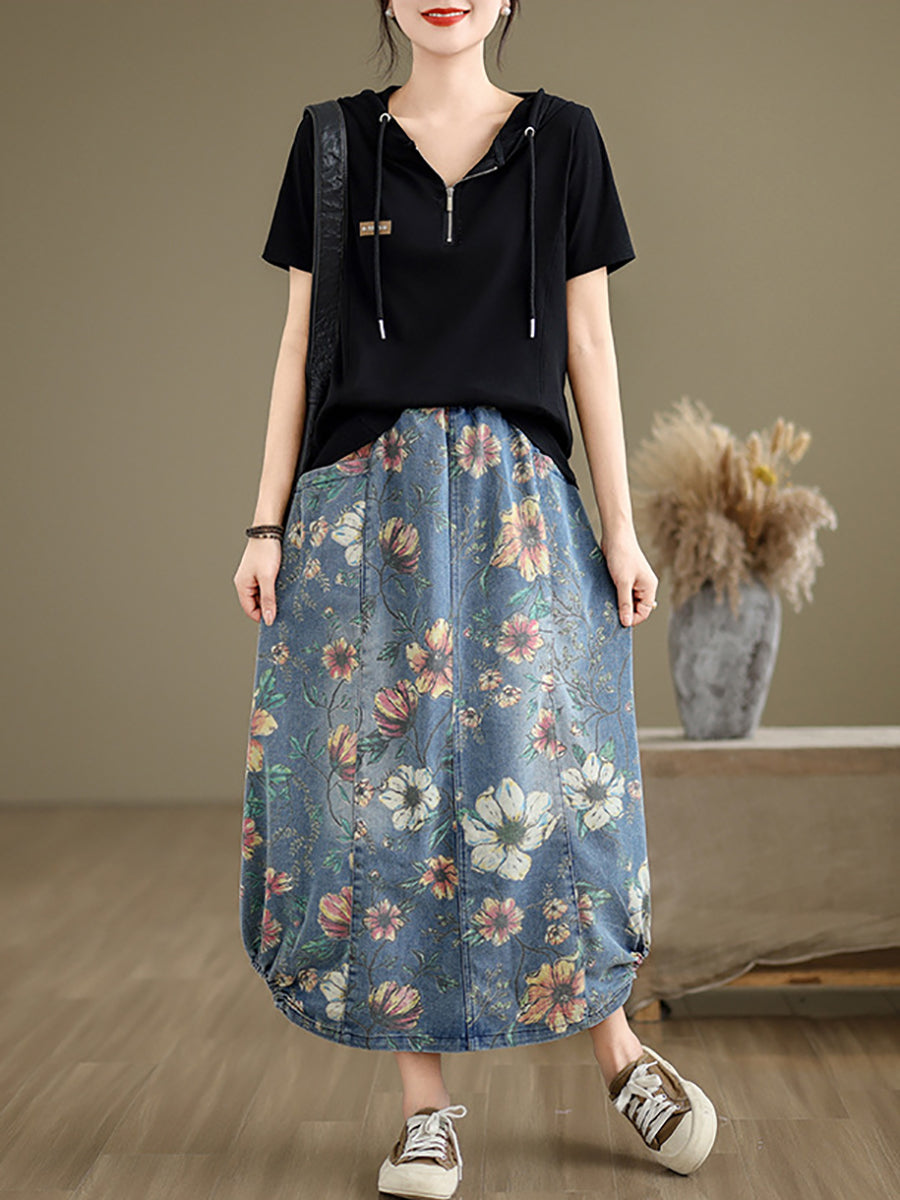 Women Summer Casual Flower Spliced Denim Skirt XX1027 Ada Fashion