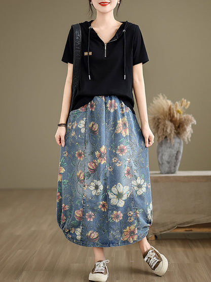 Women Summer Casual Flower Spliced Denim Skirt XX1027 Ada Fashion