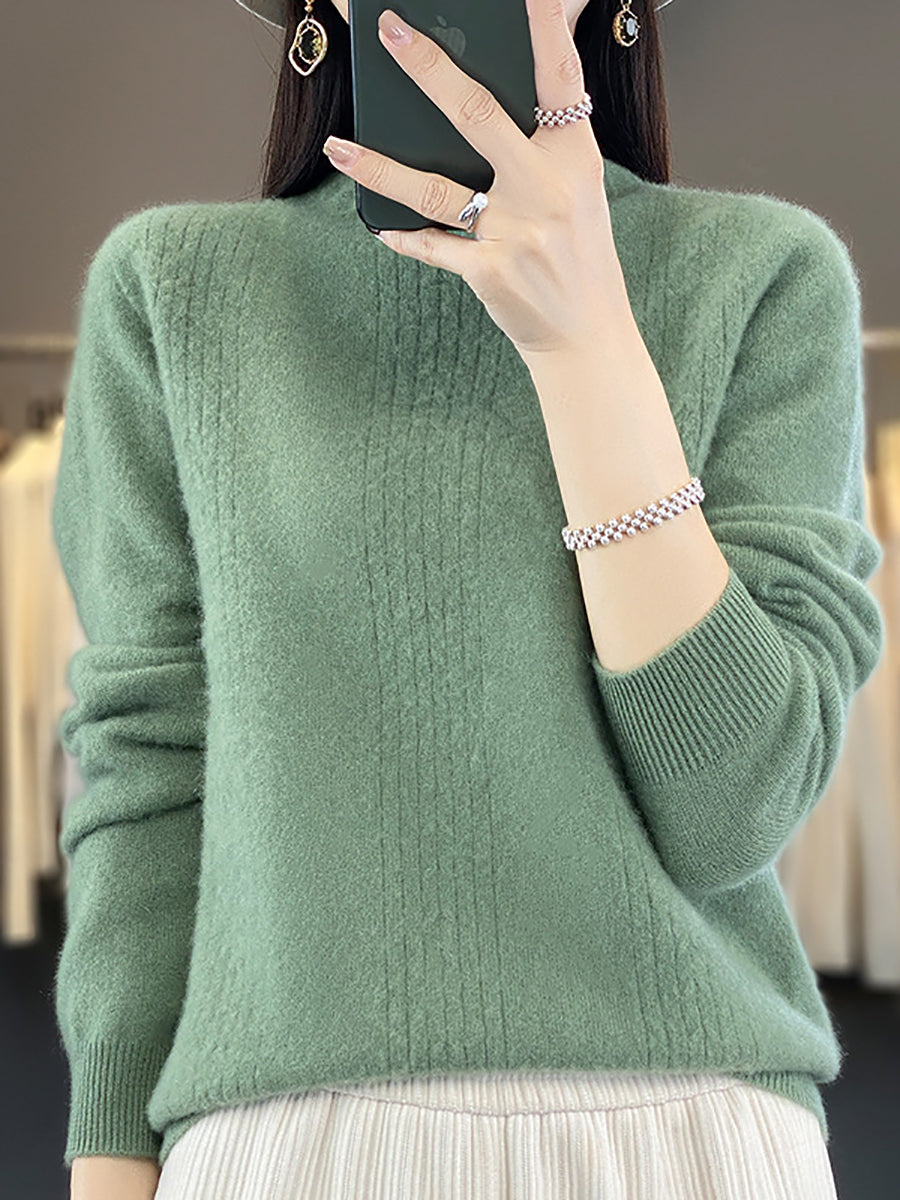 Women Autumn Solid Cable Knit 100%Wool Half Turtleneck Sweater QN028 BK