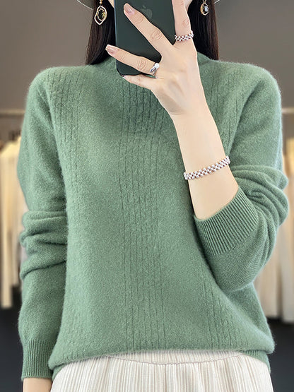 Women Autumn Solid Cable Knit 100%Wool Half Turtleneck Sweater QN028 BK