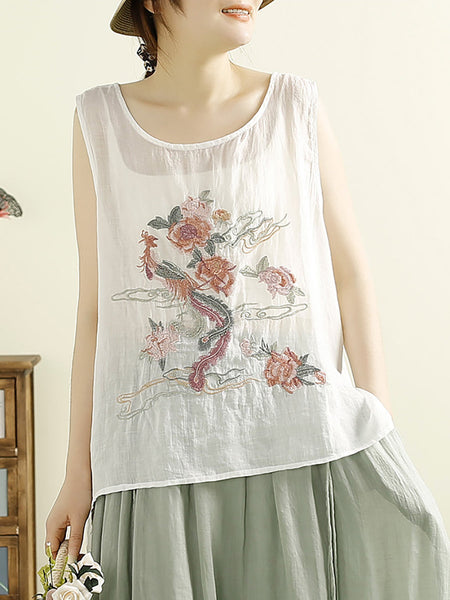 Women Vintage Flower Embroidery Ramie Summer Vest WE1022 Ada Fashion