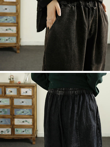 Women Autumn Patch Spliced Washed Denim Harem Pants AI1052 BUYKUD