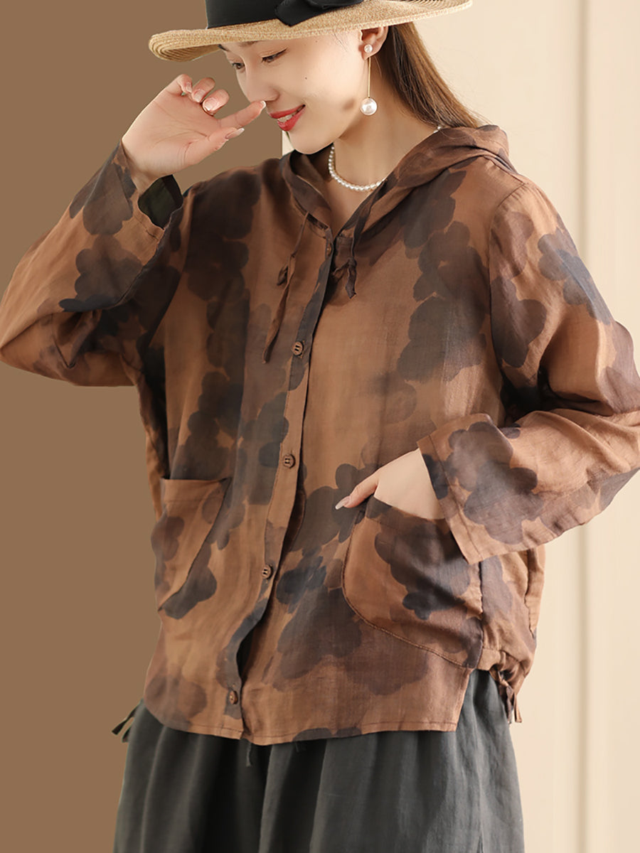 Women Spring Artsy Flower Button-Up Hooded Shirt CO1004 Ada Fashion